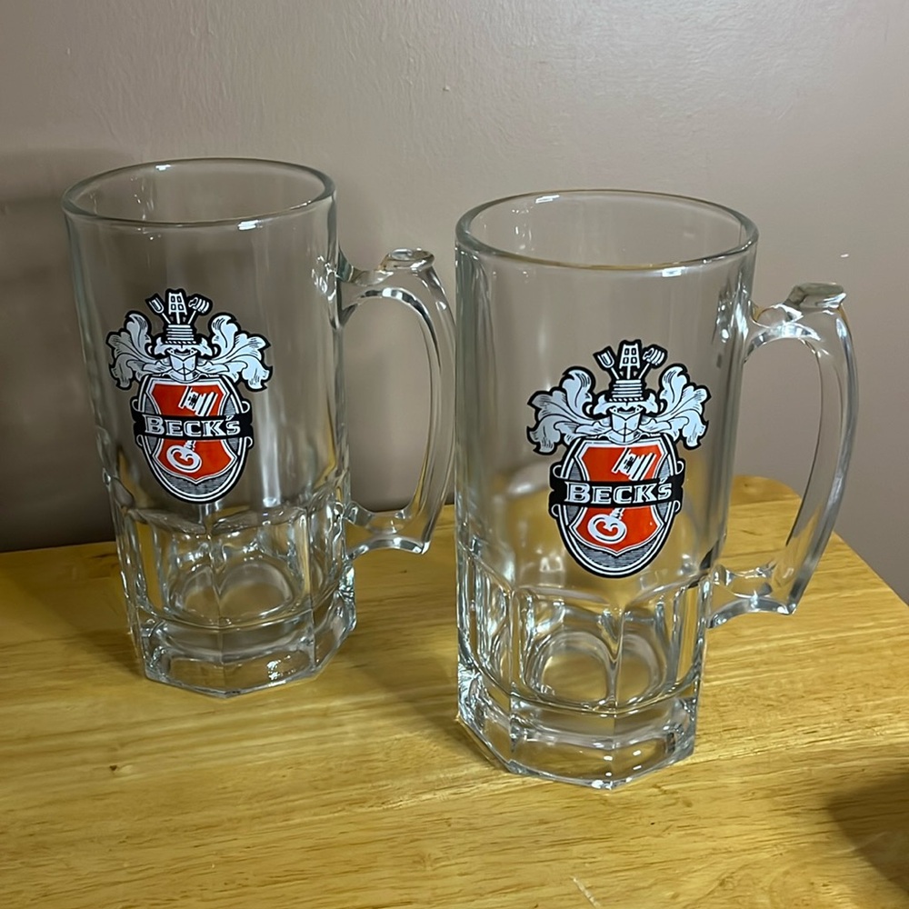 😀Two oversized glass beer steins mugs